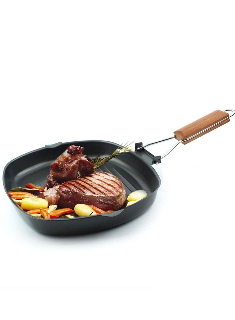 مقلاة شواء مربعة قابلة للطي بمقبض خشبي غير لاصق - Image 2