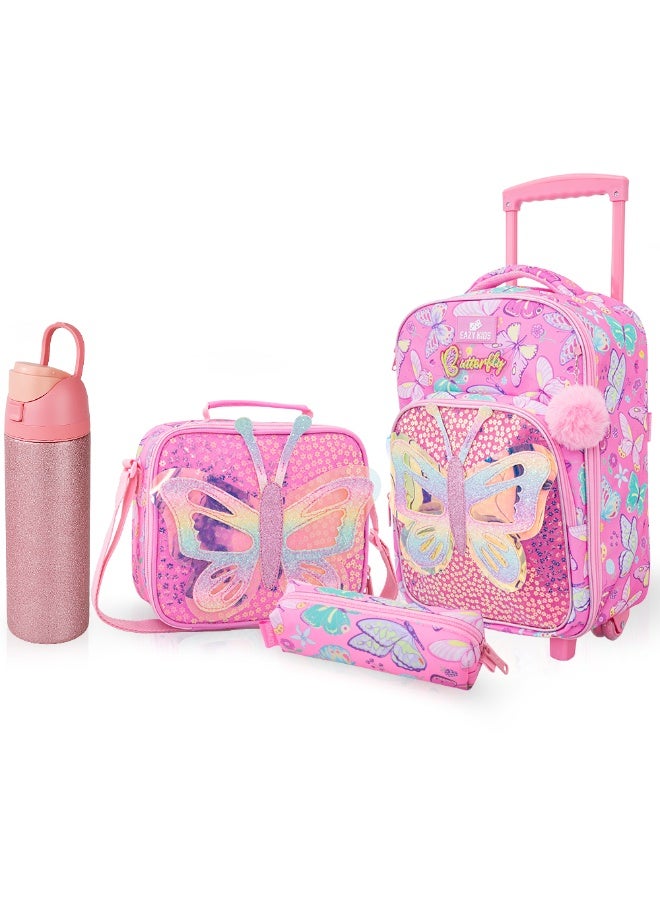 Eazy Kids 17” Trolley School Backpack Set w/ Stainless Steel Glitter Water Bottle – Butterfly Pink - Image 1