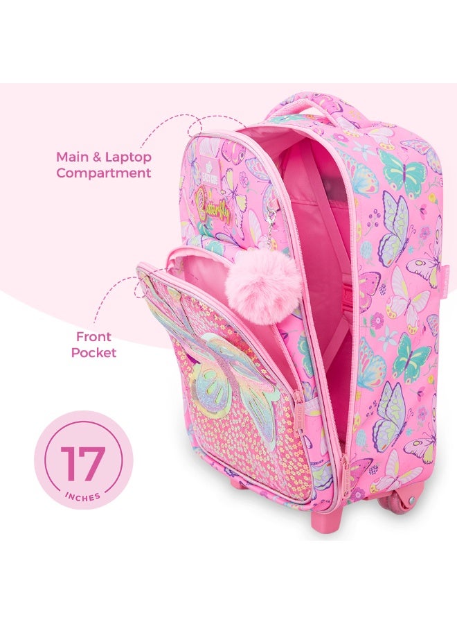 Eazy Kids 17” Trolley School Backpack Set w/ Stainless Steel Glitter Water Bottle – Butterfly Pink - Image 5