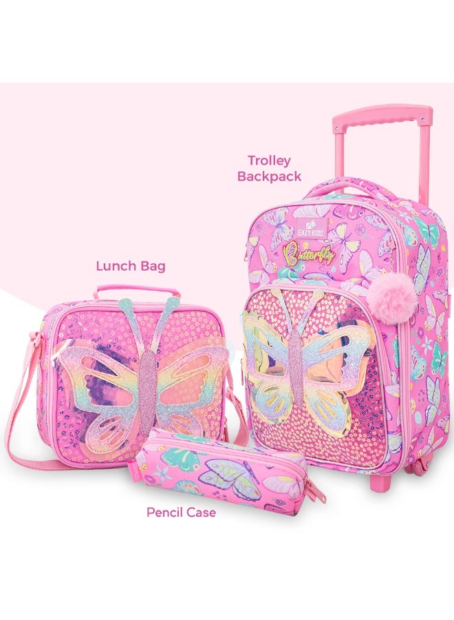 Eazy Kids 17” Trolley School Backpack Set w/ Stainless Steel Glitter Water Bottle – Butterfly Pink - Image 2