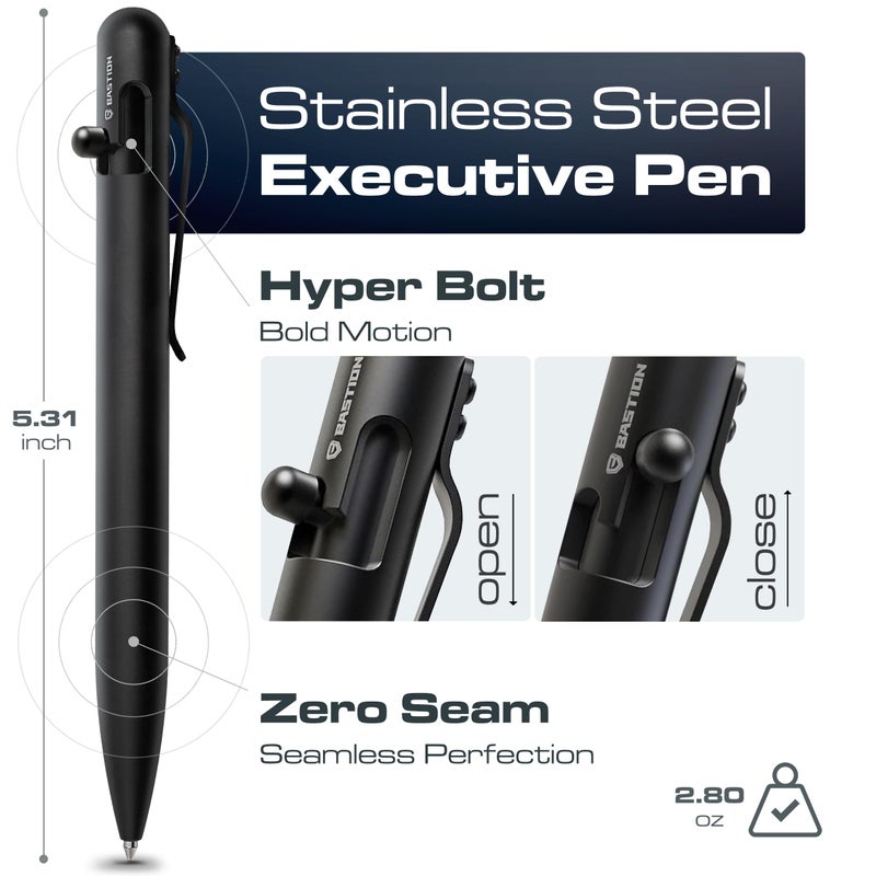 BASTION Stainless Steel Bolt Action Pen - exclusive Hyperbolt & ZeroSeam, CNC Machined EDC Writing Tool, Refillable, Executive Gift Pen - Black - Image 2