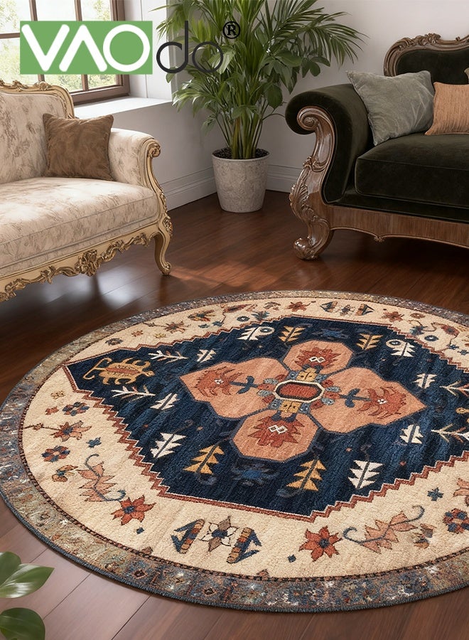 فاو دو سجادة دائرية بزخارف نباتية جميلة، سجادة دائرية منخفضة الوبر ومقاومة للانزلاق، سجادة دائرية بزخارف نباتية عتيقة لغرفة النوم وغرفة المعيشة وغرفة الدراسة 140*140 سم - Image 5