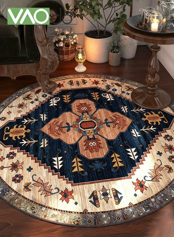فاو دو سجادة دائرية بزخارف نباتية جميلة، سجادة دائرية منخفضة الوبر ومقاومة للانزلاق، سجادة دائرية بزخارف نباتية عتيقة لغرفة النوم وغرفة المعيشة وغرفة الدراسة 140*140 سم - Image 1
