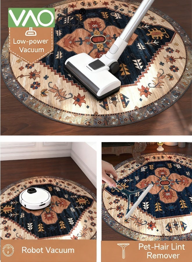 فاو دو سجادة دائرية بزخارف نباتية جميلة، سجادة دائرية منخفضة الوبر ومقاومة للانزلاق، سجادة دائرية بزخارف نباتية عتيقة لغرفة النوم وغرفة المعيشة وغرفة الدراسة 140*140 سم - Image 4