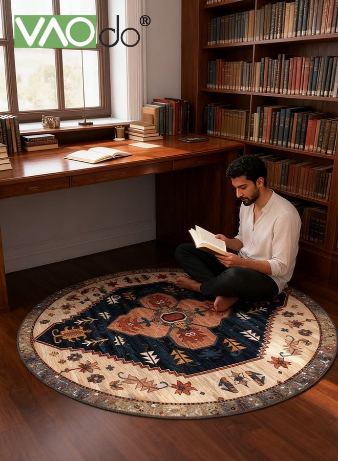 فاو دو سجادة دائرية بزخارف نباتية جميلة، سجادة دائرية منخفضة الوبر ومقاومة للانزلاق، سجادة دائرية بزخارف نباتية عتيقة لغرفة النوم وغرفة المعيشة وغرفة الدراسة 140*140 سم - Image 2