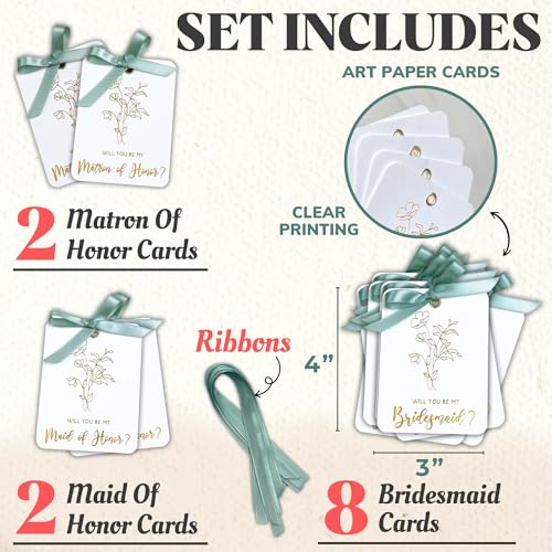 STOFINITY Bridesmaid Proposal Card Set - 8 Will You Be My Bridesmaid Card, 2 Maid Of Honor Cards, 2 Matron Of Honor Cards, Wedding Bridesmaid Proposal Gifts Ideas Green Ribbon - Image 2