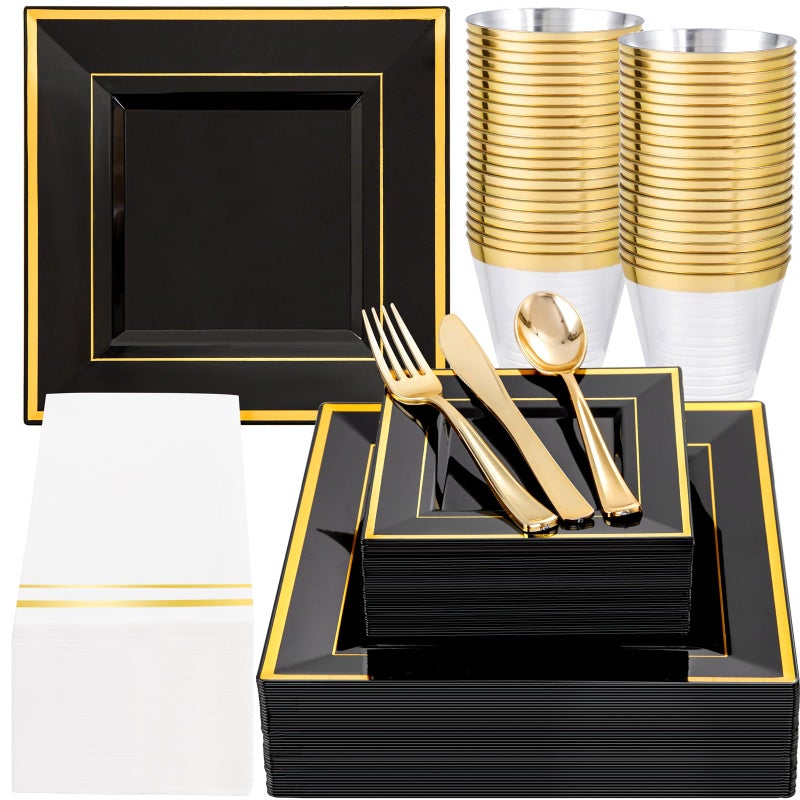 Festiva 350Pcs Black and Gold Plastic Plates50Guests Disposable Square Black Dinnerware Set include 100 Plastic Plates50Cups150Plastic Cutlery50Napkins for Party WeddingNew Year - Image 3