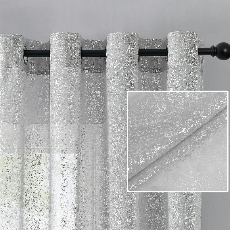 TERLYTEX Silver Curtains for Bedroom, Metallic Silver Foil Spots Printed Sheer Sparkle Curtains 63 Inch Length, Light Filtering Grommet Silver Sheer Curtains 2 Panels Set, 52 x 63 Inch, Silver Grey - Image 1