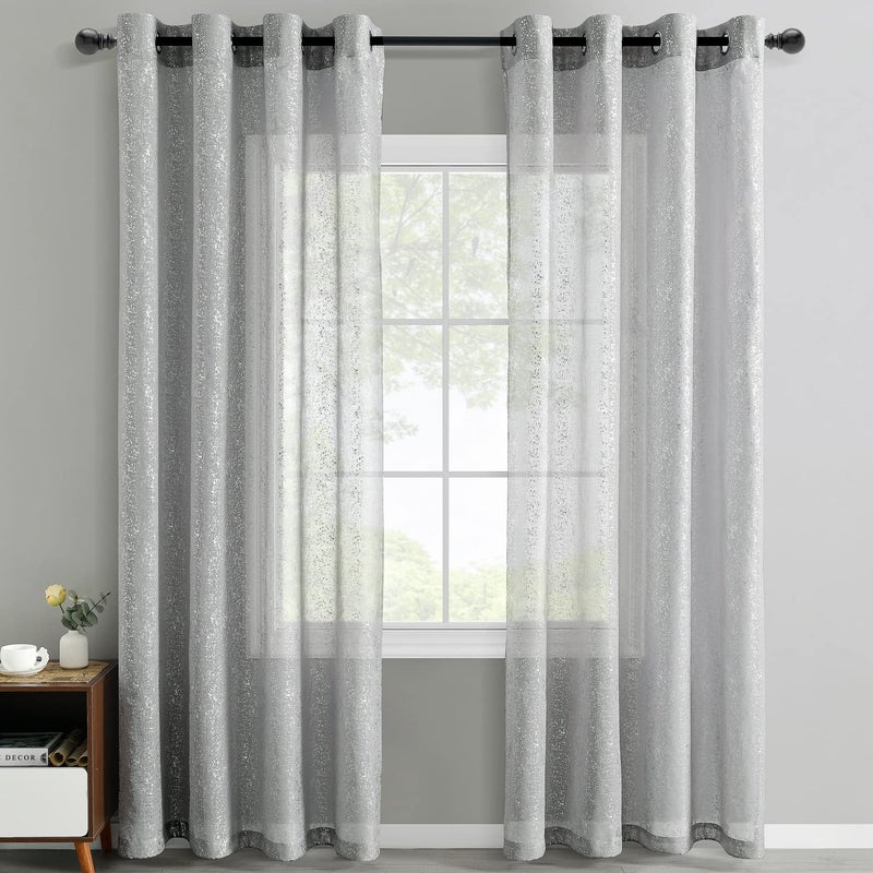 TERLYTEX Silver Curtains for Bedroom, Metallic Silver Foil Spots Printed Sheer Sparkle Curtains 63 Inch Length, Light Filtering Grommet Silver Sheer Curtains 2 Panels Set, 52 x 63 Inch, Silver Grey - Image 2