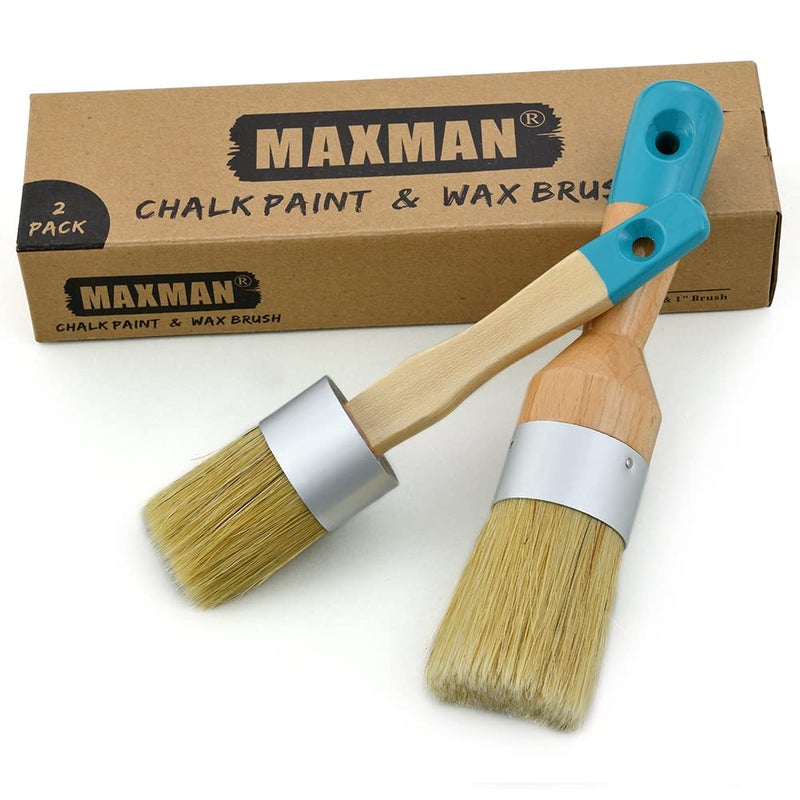 MAXMAN فرش طلاء الطباشير MAXMAN للأثاث مجموعة 2 فرشاة شمع صغيرة فرشاة قوالب احترافية فرش طبيعية من شعر الخشب لجميع طلاء الأثاث وطلاء المعادن الفيوجن وطلاء الحليب بدون تساقط