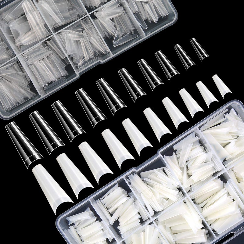 FEBSNOW 1000 PCS French Coffin Ballerina Nail Tips Acrylic Nails Artificial Half False Flake Nail Tips 10 sizes with Clear Plastic Cases for Nail Salon Nail Shop DIY Nail Art Ballerina Nails - Image 1
