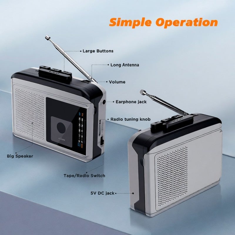 Ezcap Cassette Tape Player Portable AM FM Radio Built-In Speaker - Recordable Walkman with 3.5mm Headphone Jack for Home Outdoor Activities - Image 2