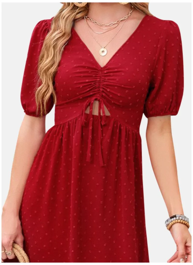 YUNIQEE Red Self Design Puff Sleeves Cut-Outs Ruched Fit & Flare Dress