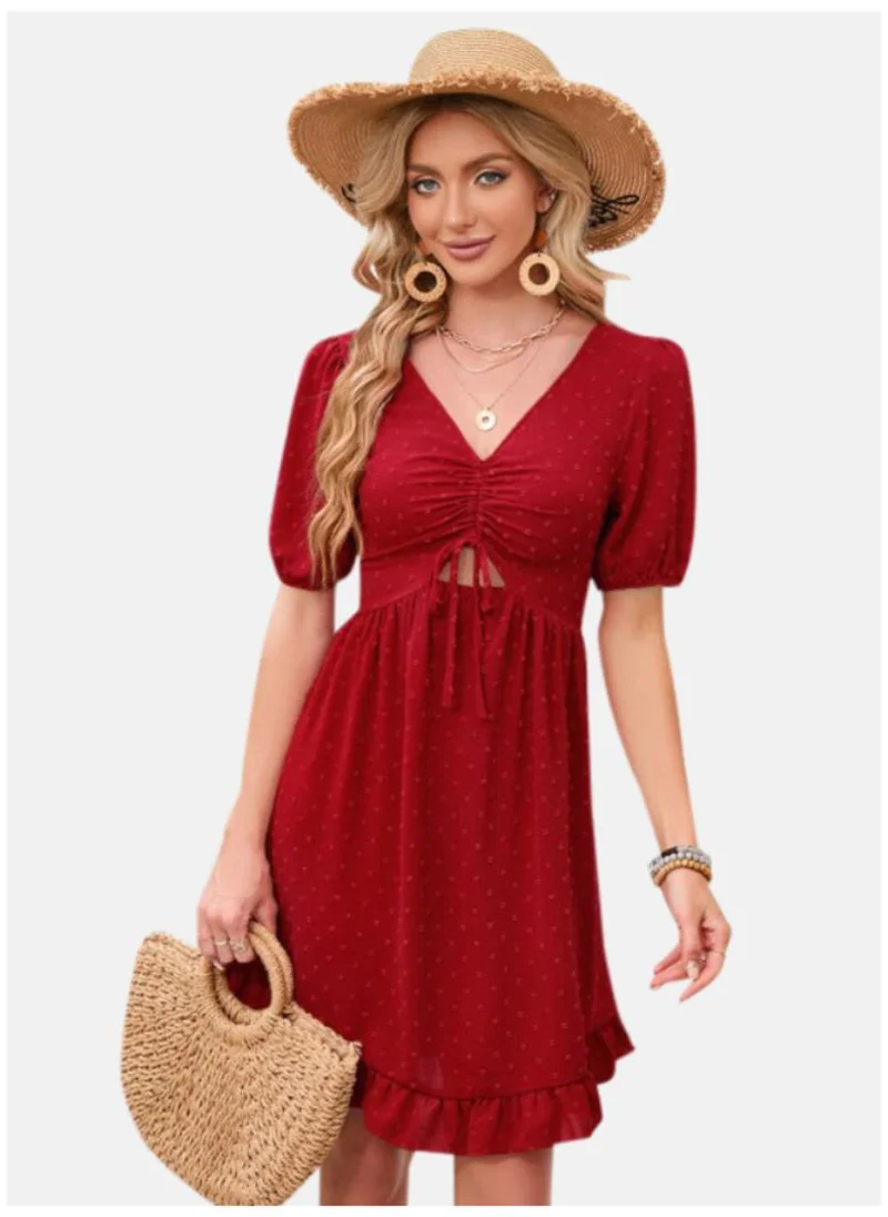 YUNIQEE Red Self Design Puff Sleeves Cut-Outs Ruched Fit & Flare Dress