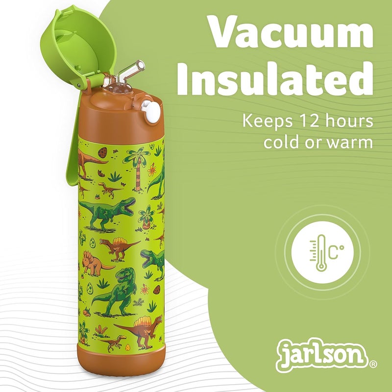Jarlson قارورة مياه أطفال جارلسون® شارلي [18 أونصة] - قارورة ترمس فولاذية مقاومة للصدأ مع قشة - قارورة مياه معزولة مقاومة للانسكاب للمدرسة والرياضة - كوب ترمس للأولاد والبنات (ديناصور) - Image 2