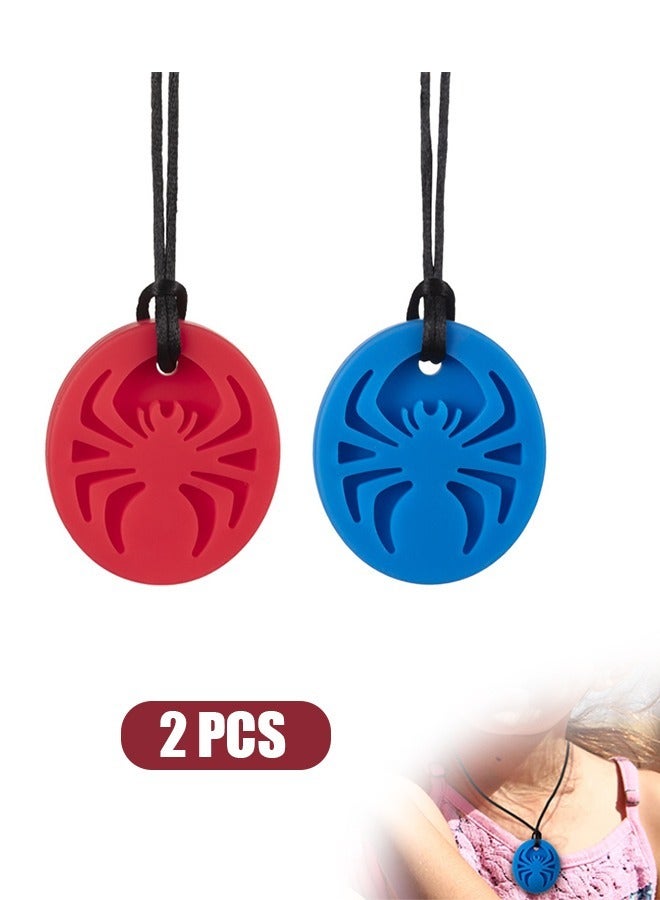 2 Pcs Spider SSensory Chew Necklace for Kids, Chewy Food Grade Silicone Oral Toys, for Autistic ADHD Oral Motor Boys and Girls Children with Teething Anxiety Biting Necklace (Red+Blue) - Image 1