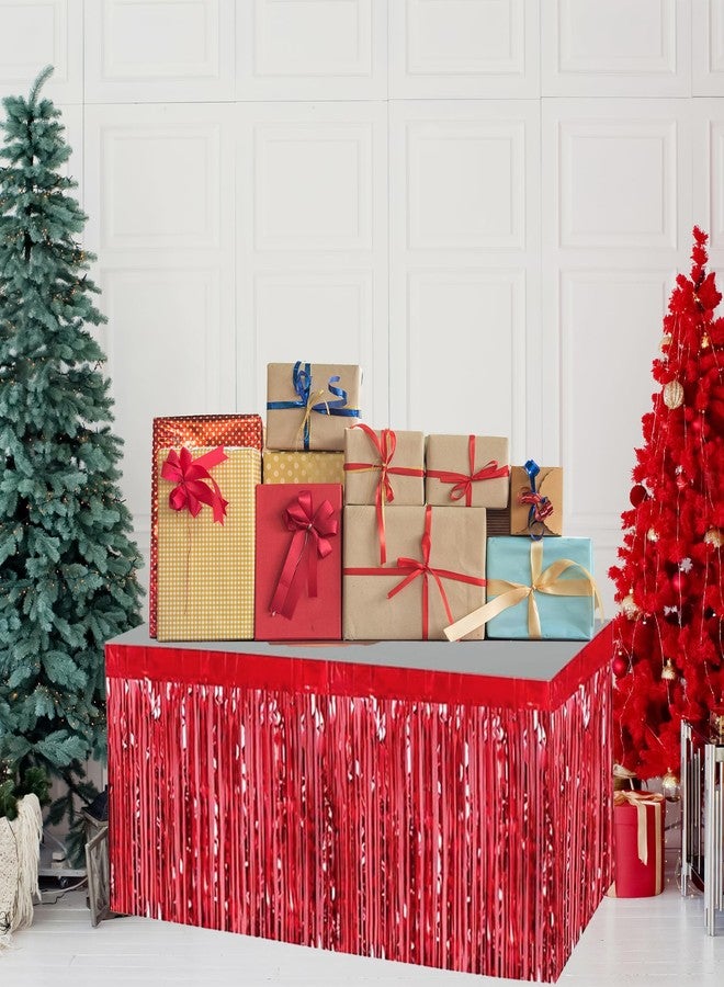 BASHOUT Christmas Red Table Skirt, Metallic Holiday Decorations, XMAS Red Party Tinsel Fringe Skirt, Tall Plastic Winter Table Cover Skirt 29.5”x105” | By BASHOUT (Red) - Image 3