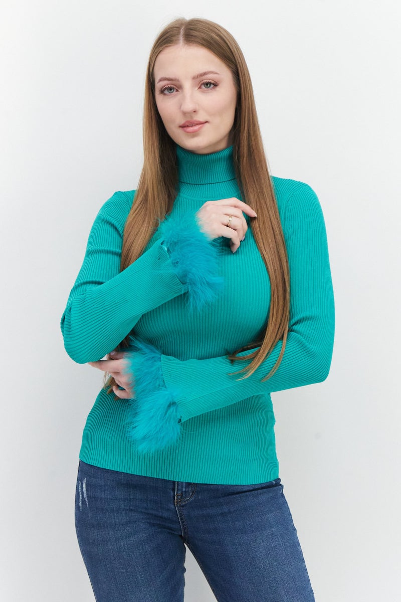 RIVER ISLAND Women Turtle Neck Long Sleeves Knitted Top, Green - Image 1