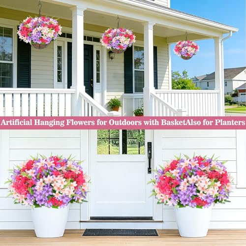 Grandeal Artificial Faux Hanging Plants Flowers Basket for Outdoors Spring Summer Decoration Hanging Planters with Fake Silk Hyacinth Flower UV Resistant for Outside Porch Patio Balcony Garden Purple Fuchsia - Image 3