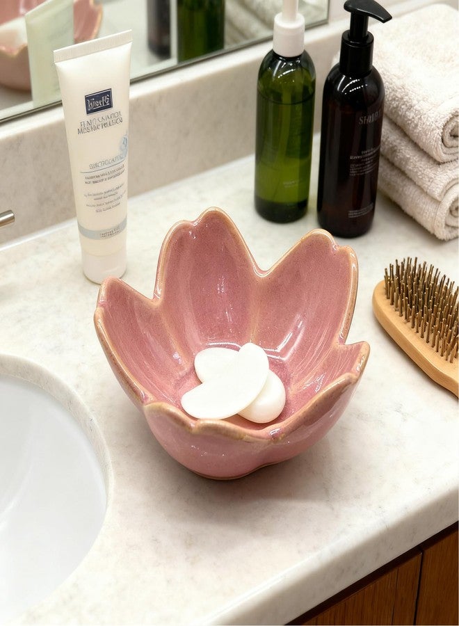 BESSKON Pink Flower Ring Dish Jewlery Tray, Small Ceramic Jewelry Dish Tray Room Nightstand Decor Trinket Dish Bathroom Ring Holder Jewelry Plate Bowl Christmas Friendship Birthday Gifts for Women Mom - Image 3