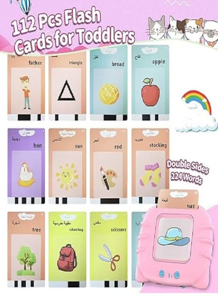 Talking flashcards in Arabic and English with 112 visual words for children aged 2 to 6 years, teaching Arabic and English for kids, bilingual educational card games for early learning (pink). - Image 3