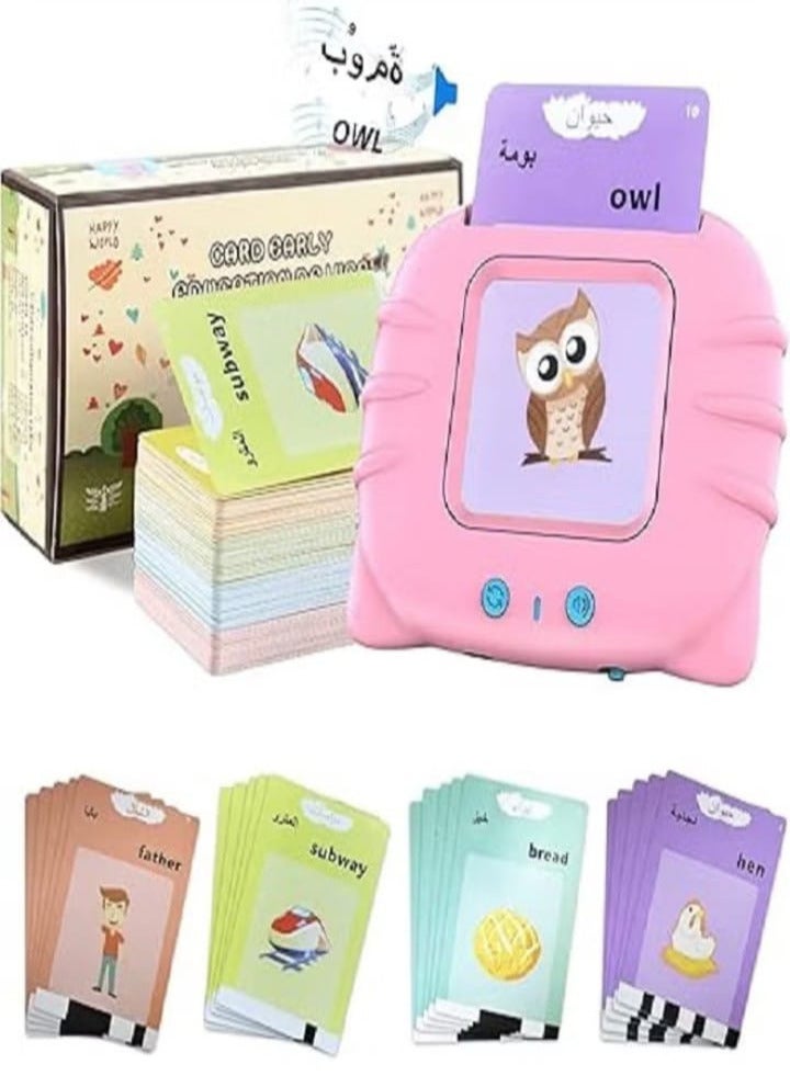 Talking flashcards in Arabic and English with 112 visual words for children aged 2 to 6 years, teaching Arabic and English for kids, bilingual educational card games for early learning (pink). - Image 1