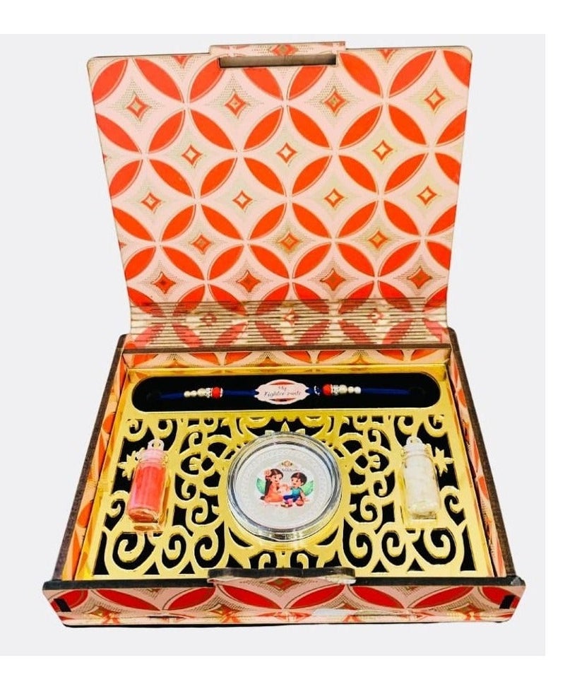 KHUSHBOO JEWELS PREMIUM GIFT BOX RAKHI ROLI CHAWAL SILVER COIB TRADITIONAL FESTIVE GIFT BROTHER-SISTER GIFT SILVER COIN-2GRAM RAKHI-36CM - Image 1
