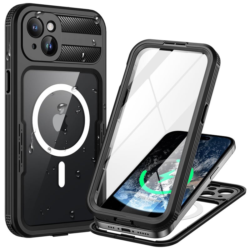 Lanhiem Magnetic for iPhone 15 Case, IP68 Waterproof Dustproof Case, [Compatible with Magsafe] [Built-in Screen Protector] Full Body Heavy Duty Rugged Phone Cover 6.1 inch, Black/Clear - Image 1