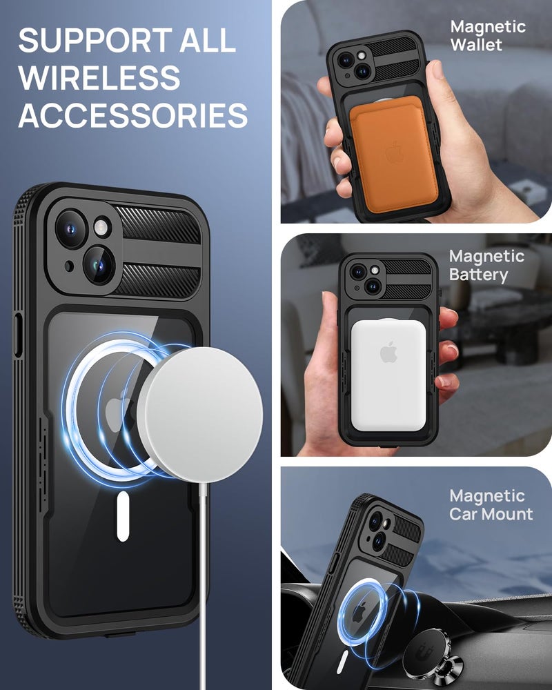 Lanhiem Magnetic for iPhone 15 Case, IP68 Waterproof Dustproof Case, [Compatible with Magsafe] [Built-in Screen Protector] Full Body Heavy Duty Rugged Phone Cover 6.1 inch, Black/Clear - Image 3