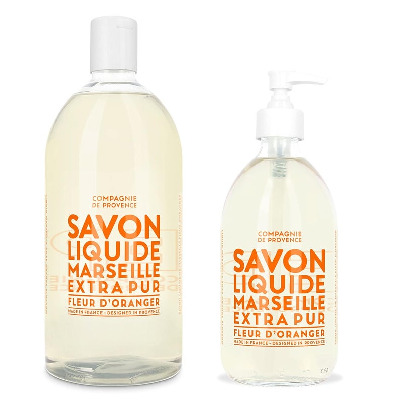 La Compagnie de Provence Compagnie de Provence Savon de Marseille Extra Pure Liquid Soap  Orange Blossom  169 Fl Oz Glass Pump Bottle and 338 fl oz Plastic Bottle Refill