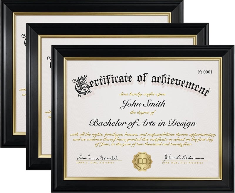 FrameMind 8.5x11 Picture Frame Certificate Diploma Frame with Tempered Real Glass, Black Document Frames for Tabletop & Wall Mount (3 Pack, Black) - Image 1
