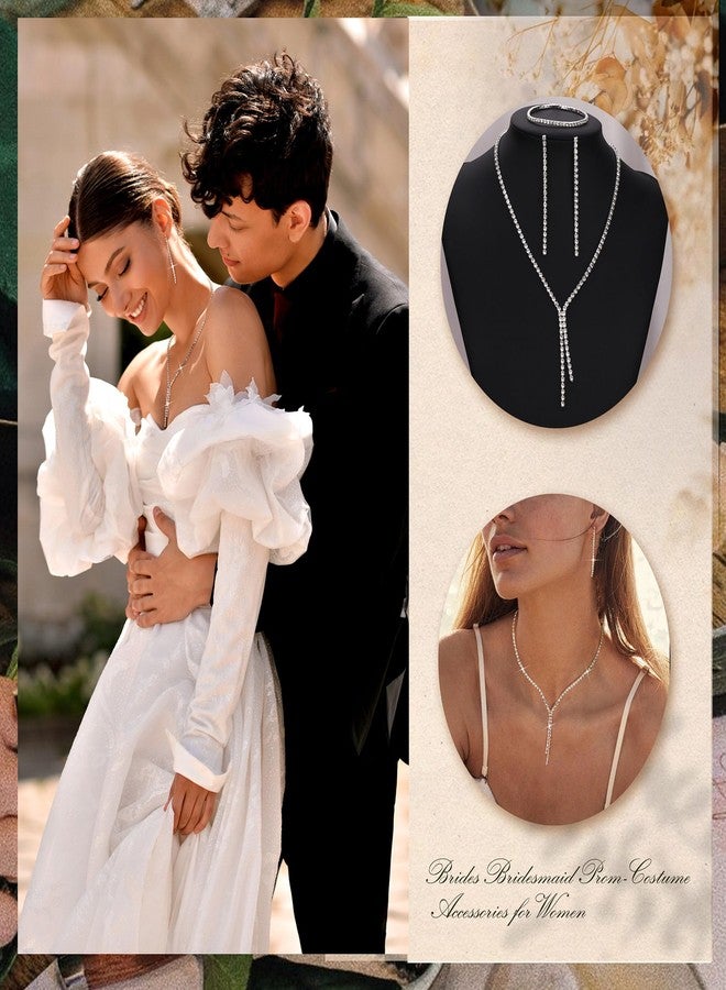 Jstyle مجموعة مجوهرات فضية مطلية من Jstyle لمجوهرات الزفاف للعروس ووصيفات العروس، قلادة كريستال رينستون، أقراط متدلية، مجموعة أساور، إكسسوارات رسمية للنساء في حفلات الزفاف والتخرج - Image 2