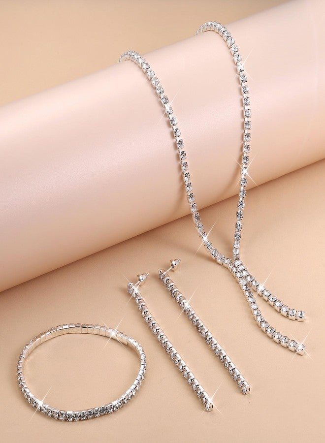Jstyle مجموعة مجوهرات فضية مطلية من Jstyle لمجوهرات الزفاف للعروس ووصيفات العروس، قلادة كريستال رينستون، أقراط متدلية، مجموعة أساور، إكسسوارات رسمية للنساء في حفلات الزفاف والتخرج - Image 5