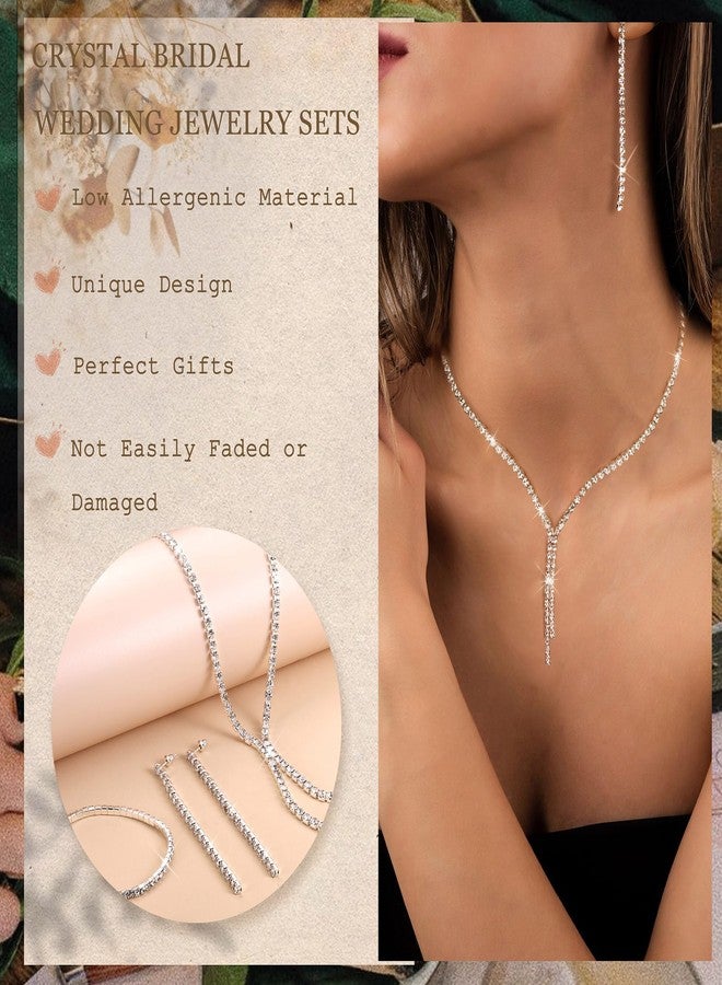Jstyle مجموعة مجوهرات فضية مطلية من Jstyle لمجوهرات الزفاف للعروس ووصيفات العروس، قلادة كريستال رينستون، أقراط متدلية، مجموعة أساور، إكسسوارات رسمية للنساء في حفلات الزفاف والتخرج - Image 3