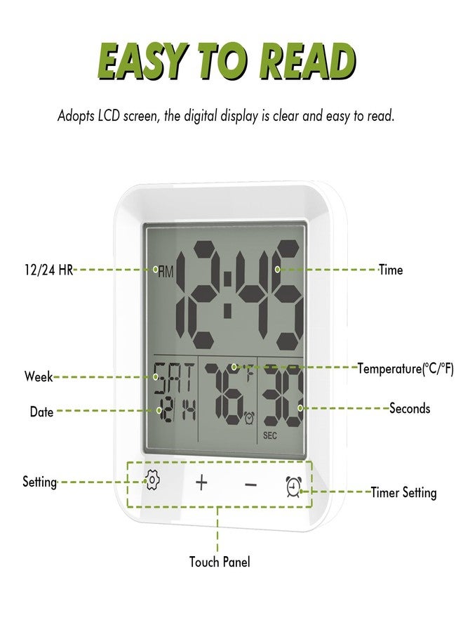 Wisoee Digital Bathroom Shower Clock Waterproof Countdown Timer Kitchen Wall Clock with Touch Screen Temperature LCD Display Suction Cup Hanging Hole Stand for Kids and Adults - Image 3