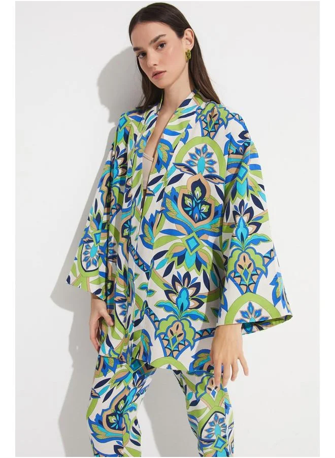 جون June Women Exclusive Floral Patterned Linen Blend Woven Kimono&Kaftan Blue