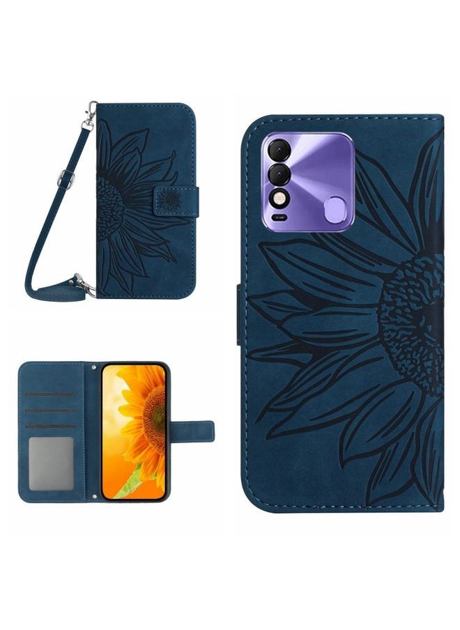 HuHa Case Cover For For Tecno Spark 8 Skin Feel Sun Flower Pattern Flip Leather Phone Case with Lanyard(Inky Blue) 