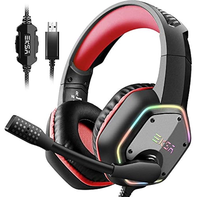 EKSA E1000 GAMING HEADSET, COMPUTER HEADPHONES WITH NOISE CANCELING MIC & RGB LIGHT, 7.1 SURROUND SOUND, COMPATIBLE WITH PC, PS4 PS5 CONSOLE, LAPTOP (RED) - Image 1