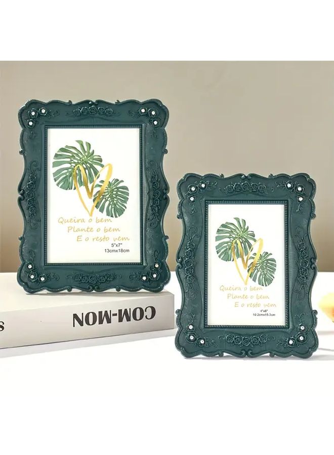 Vintage Dark Green Embossed Photo Frame with Rhinestone Accents Fits 6x7 Photo for Home Christmas Decor - Image 1