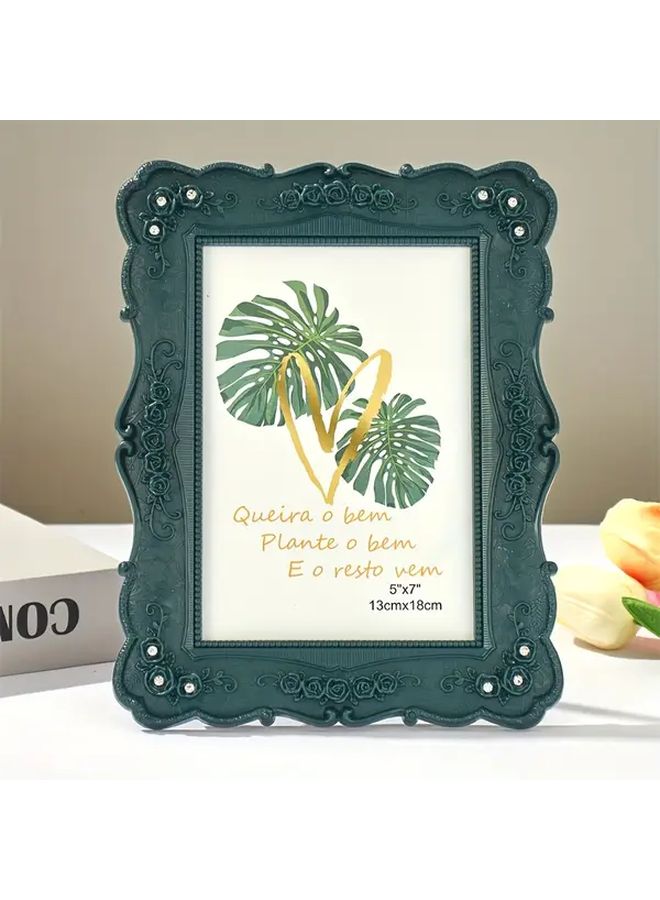 Vintage Dark Green Embossed Photo Frame with Rhinestone Accents Fits 6x7 Photo for Home Christmas Decor - Image 4