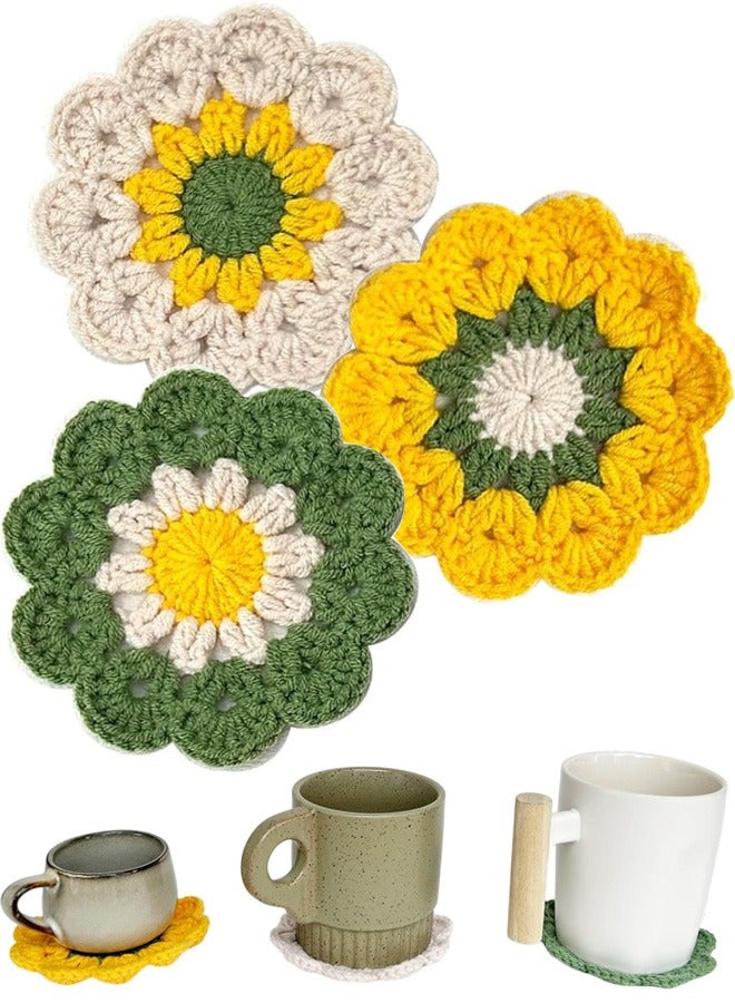 3 PCS Handmade Flower Crochet Coasters -Tea Coaster Cup Mats Plant Pot Coaster Set Fun Soft Decorative Coasters for Tabletop Protection Home Decor - Image 1