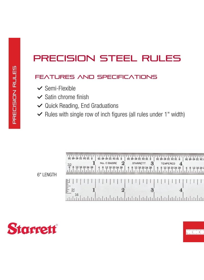 Starrett Starrett Semi Flexible Steel Rule with Satin Chrome Finish Quick Reading and Inch Graduations  6 Length 4R Graduation Type 150 Thickness  C304SRE6  - Image 2