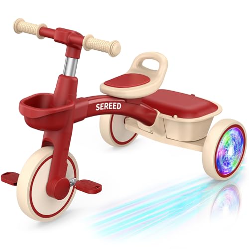 SEREED Colorful Lighting Toddler Tricycle for 25 Years Old Boys Girls Adjustable SeatHandlebar Trike Removable Basket Birthday Gift Idea for Kids Ages 2 Red - Image 1