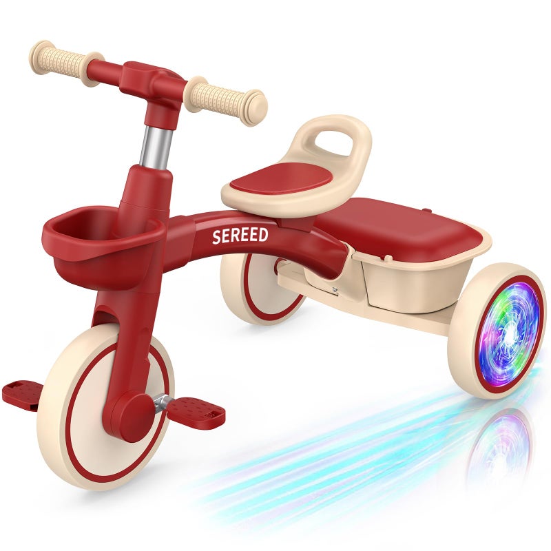 SEREED Colorful Lighting Toddler Tricycle for 25 Years Old Boys Girls Adjustable SeatHandlebar Trike Removable Basket Birthday Gift Idea for Kids Ages 2 Red - Image 3