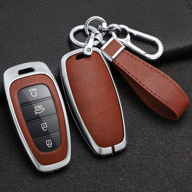 SANRILY PU Leather 4/5/7/8 Button Key Fob Cover Fit for Hyundai Tucson 2024 Palisade Sonata 2023 2022 Santa fe Keyless with Leather Keychain Silver-Brown - Image 3