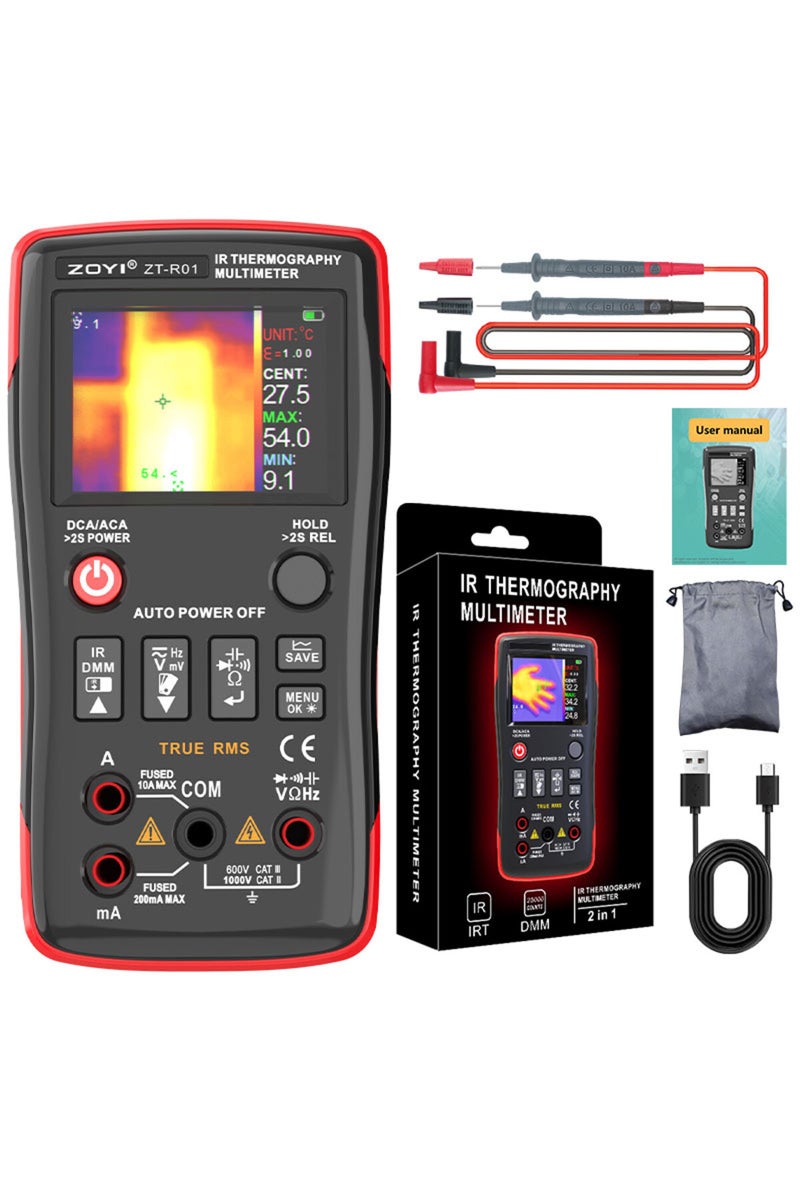 إيروريكس جهاز التصوير الحراري ومقياس متعدد الوظائف ZOYI R01، جهاز قياس حرارة بالأشعة تحت الحمراء وجهاز اختبار كهربائي 2 في 1