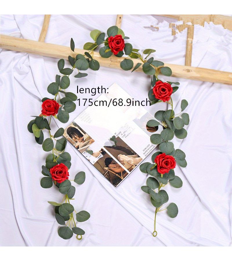 1 Pack Artificial Eucalyptus Garland With Red Flowers LED Lights Valentine Day Room Decor Faux Floral Greenery Vine For Wedding Table Centerpiece Arch Party - Image 3