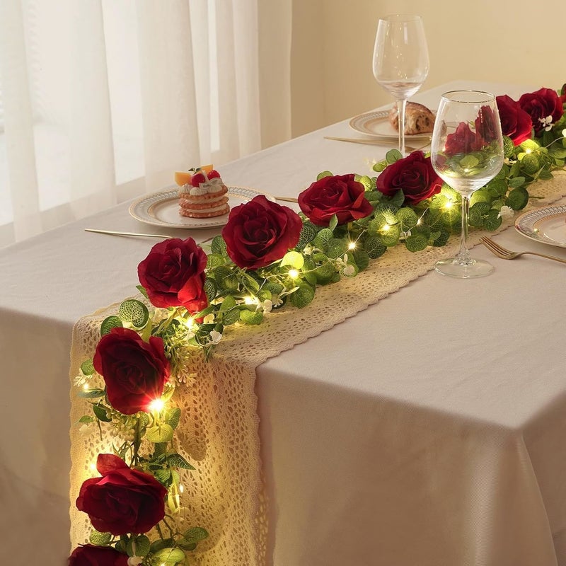 1 Pack Artificial Eucalyptus Garland With Red Flowers LED Lights Valentine Day Room Decor Faux Floral Greenery Vine For Wedding Table Centerpiece Arch Party - Image 1