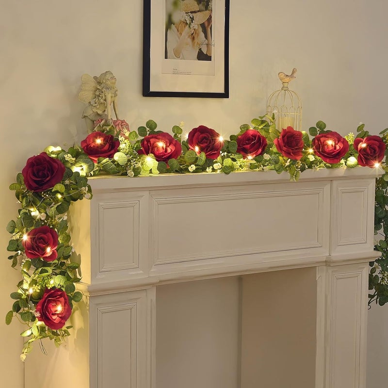 1 Pack Artificial Eucalyptus Garland With Red Flowers LED Lights Valentine Day Room Decor Faux Floral Greenery Vine For Wedding Table Centerpiece Arch Party - Image 4