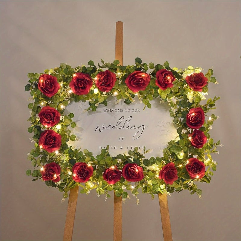 1 Pack Artificial Eucalyptus Garland With Red Flowers LED Lights Valentine Day Room Decor Faux Floral Greenery Vine For Wedding Table Centerpiece Arch Party - Image 5